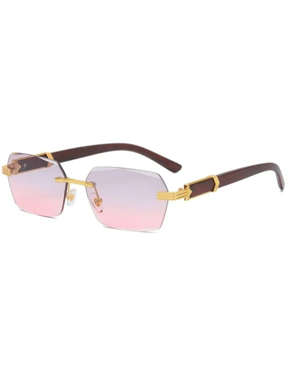 Retro Unisex Rimless Grey & Pink Gradient Sunglasses W/ Gold-Tone & Wooden Arms